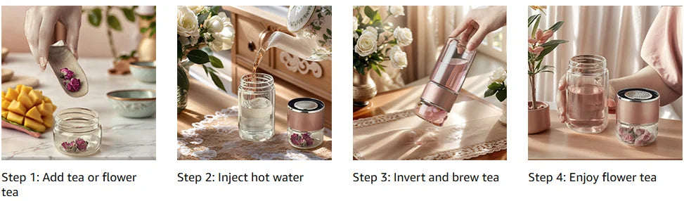 Thermoskanne Borosilikatglas – Doppelwandig, 350 ml, Schwarz/Gold/Pink