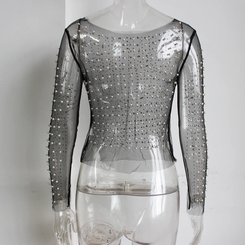 Gtpdpllt Sexy Durchsichtig T Shirt Frauen Mesh Patchwork Diamanten Perle Dünne T-Shirts Elegante Crop Tops Weibliche 2024 Frühling Kleidung