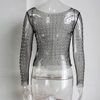 Gtpdpllt Sexy Durchsichtig T Shirt Frauen Mesh Patchwork Diamanten Perle Dünne T-Shirts Elegante Crop Tops Weibliche 2024 Frühling Kleidung