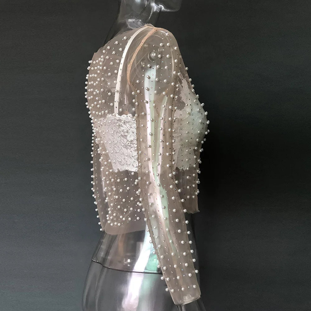 Gtpdpllt Sexy Durchsichtig T Shirt Frauen Mesh Patchwork Diamanten Perle Dünne T-Shirts Elegante Crop Tops Weibliche 2024 Frühling Kleidung