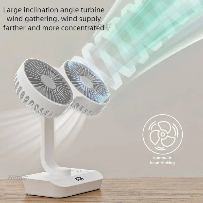 Himist Doppelkopf-Tischventilator – USB-C, 4000mAh Akku, 4 Stufen, 90° Oszillation, LED-Display, Weiß