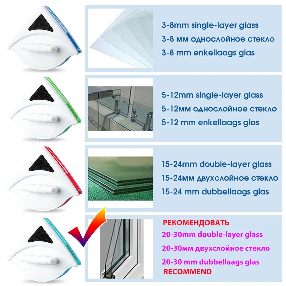 Doppelseitiger magnetischer Glaswischer – Wählen Sie die richtige Dicke (3–8 mm, 5–15 mm, 15–24 mm, 20-30mm) für Ihre Fensterreinigungsbedürfnisse