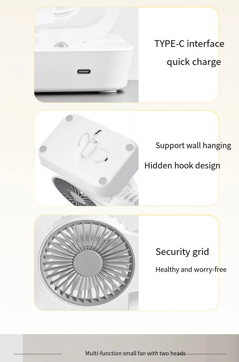 Himist Doppelkopf-Tischventilator – USB-C, 4000mAh Akku, 4 Stufen, 90° Oszillation, LED-Display, Weiß
