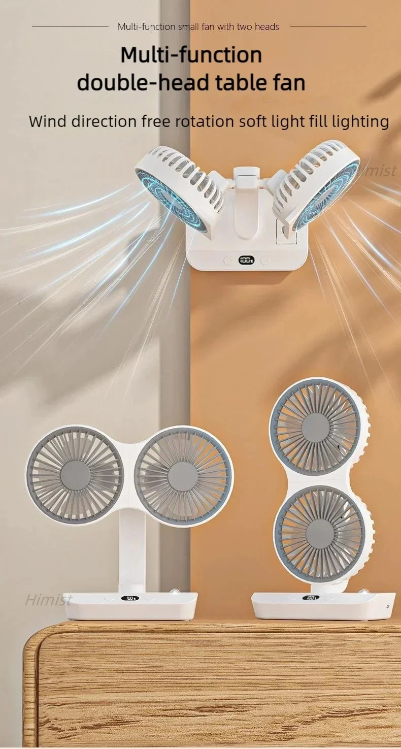 Himist Doppelkopf-Tischventilator – USB-C, 4000mAh Akku, 4 Stufen, 90° Oszillation, LED-Display, Weiß