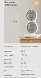 Himist Doppelkopf-Tischventilator – USB-C, 4000mAh Akku, 4 Stufen, 90° Oszillation, LED-Display, Weiß