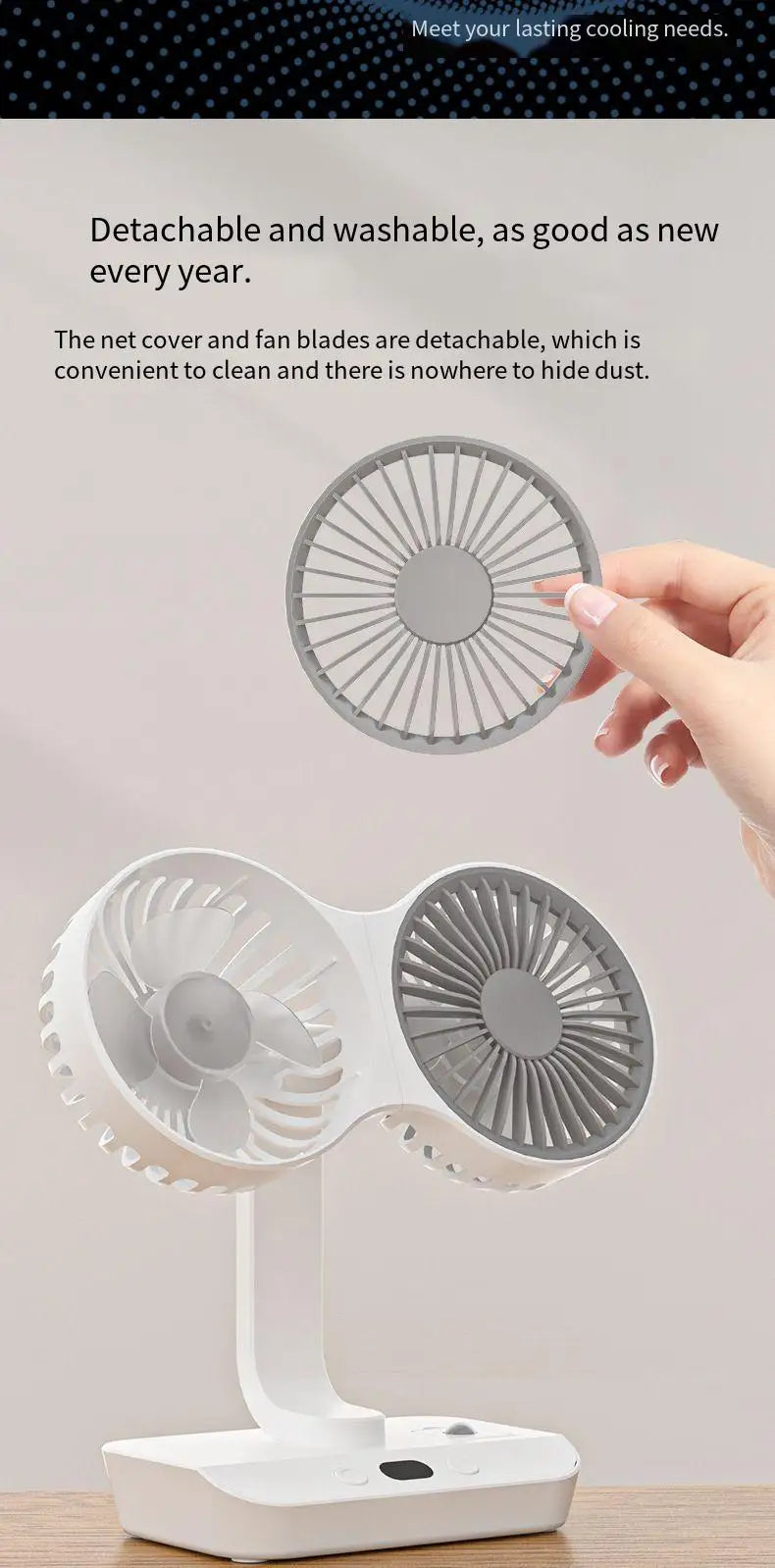 Himist Doppelkopf-Tischventilator – USB-C, 4000mAh Akku, 4 Stufen, 90° Oszillation, LED-Display, Weiß