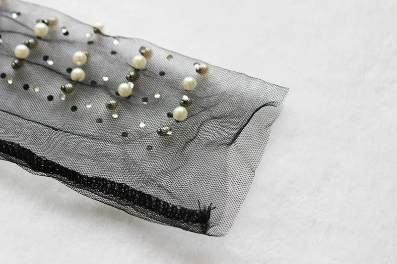 Gtpdpllt Sexy Durchsichtig T Shirt Frauen Mesh Patchwork Diamanten Perle Dünne T-Shirts Elegante Crop Tops Weibliche 2024 Frühling Kleidung