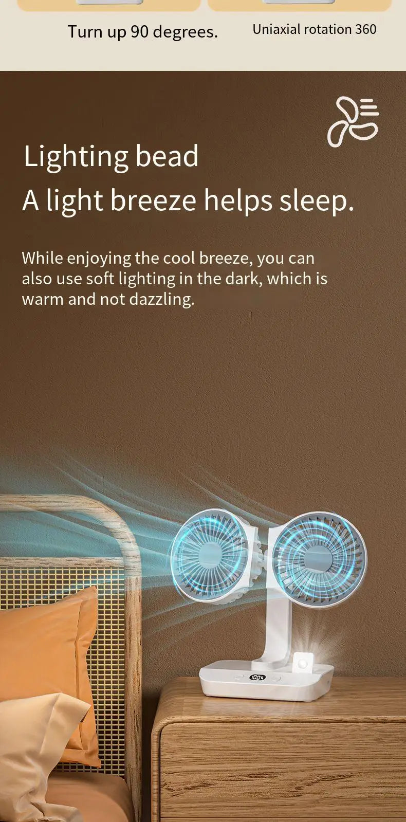 Himist Doppelkopf-Tischventilator – USB-C, 4000mAh Akku, 4 Stufen, 90° Oszillation, LED-Display, Weiß