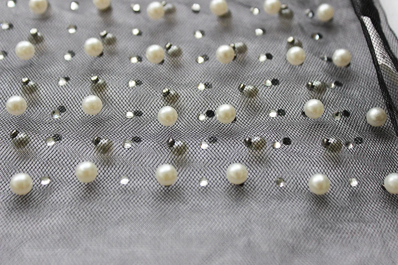 Gtpdpllt Sexy Durchsichtig T Shirt Frauen Mesh Patchwork Diamanten Perle Dünne T-Shirts Elegante Crop Tops Weibliche 2024 Frühling Kleidung