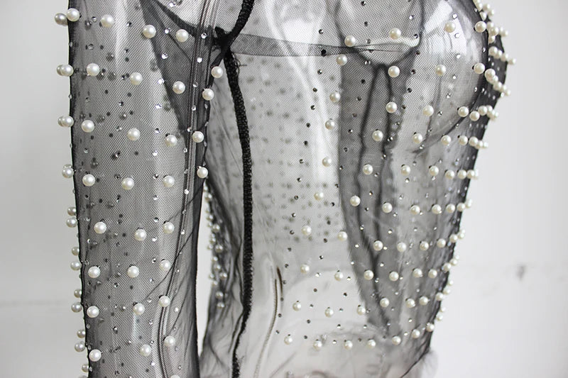 Gtpdpllt Sexy Durchsichtig T Shirt Frauen Mesh Patchwork Diamanten Perle Dünne T-Shirts Elegante Crop Tops Weibliche 2024 Frühling Kleidung