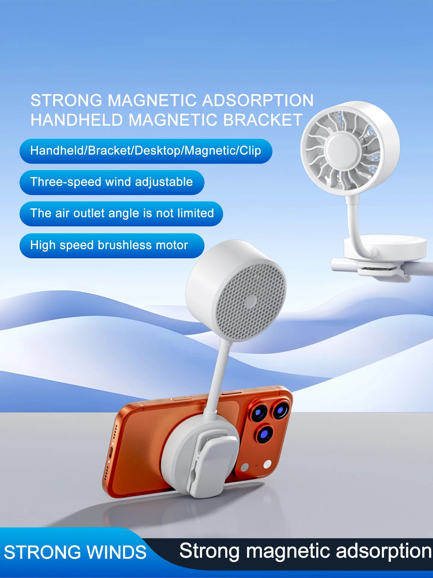 USB Clip-Ventilator mit Magnethalterung & Handyhalter – Wiederaufladbar, 1800mAh | Beige, Weiß & Grün