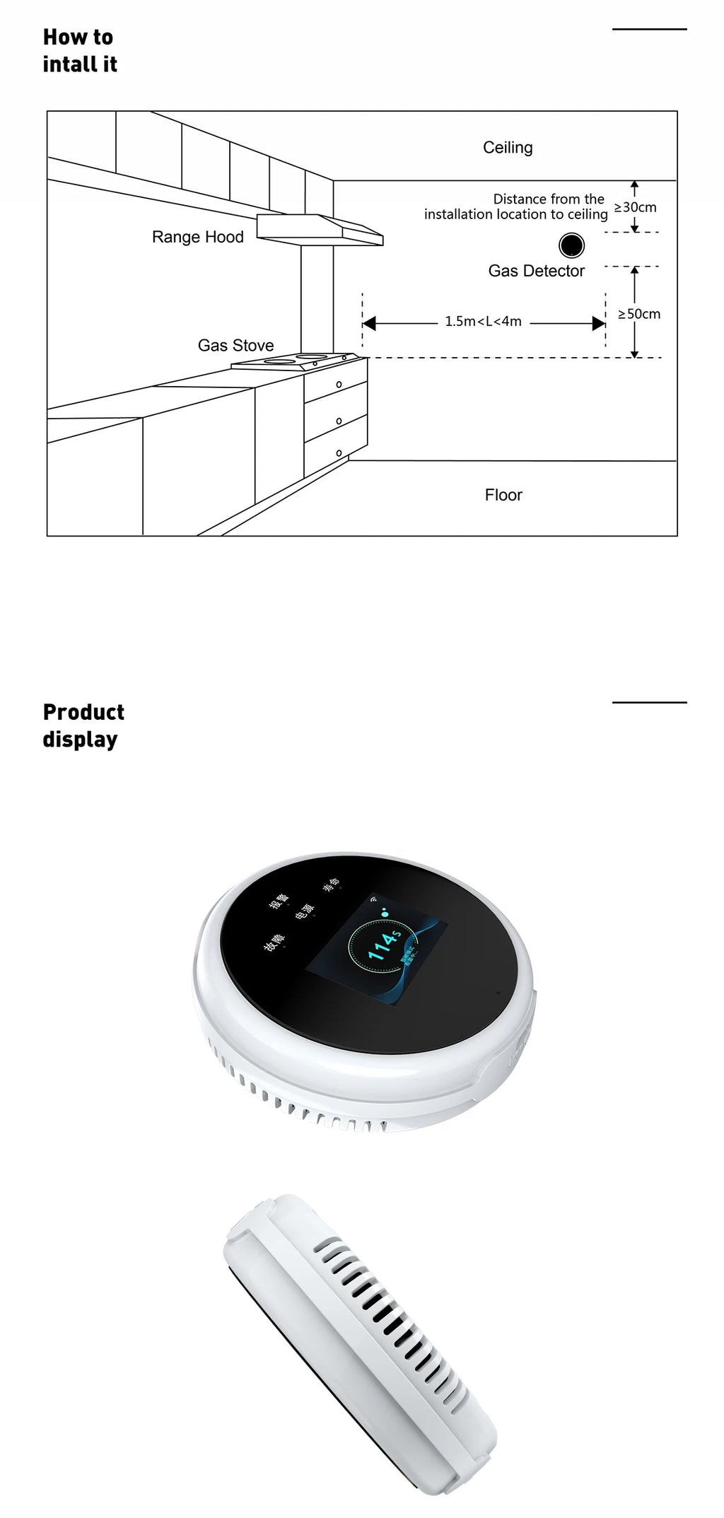 Tuya WiFi gas detector for home LPG natural gas leak alarm LED display, leak sensor, smart life app control
