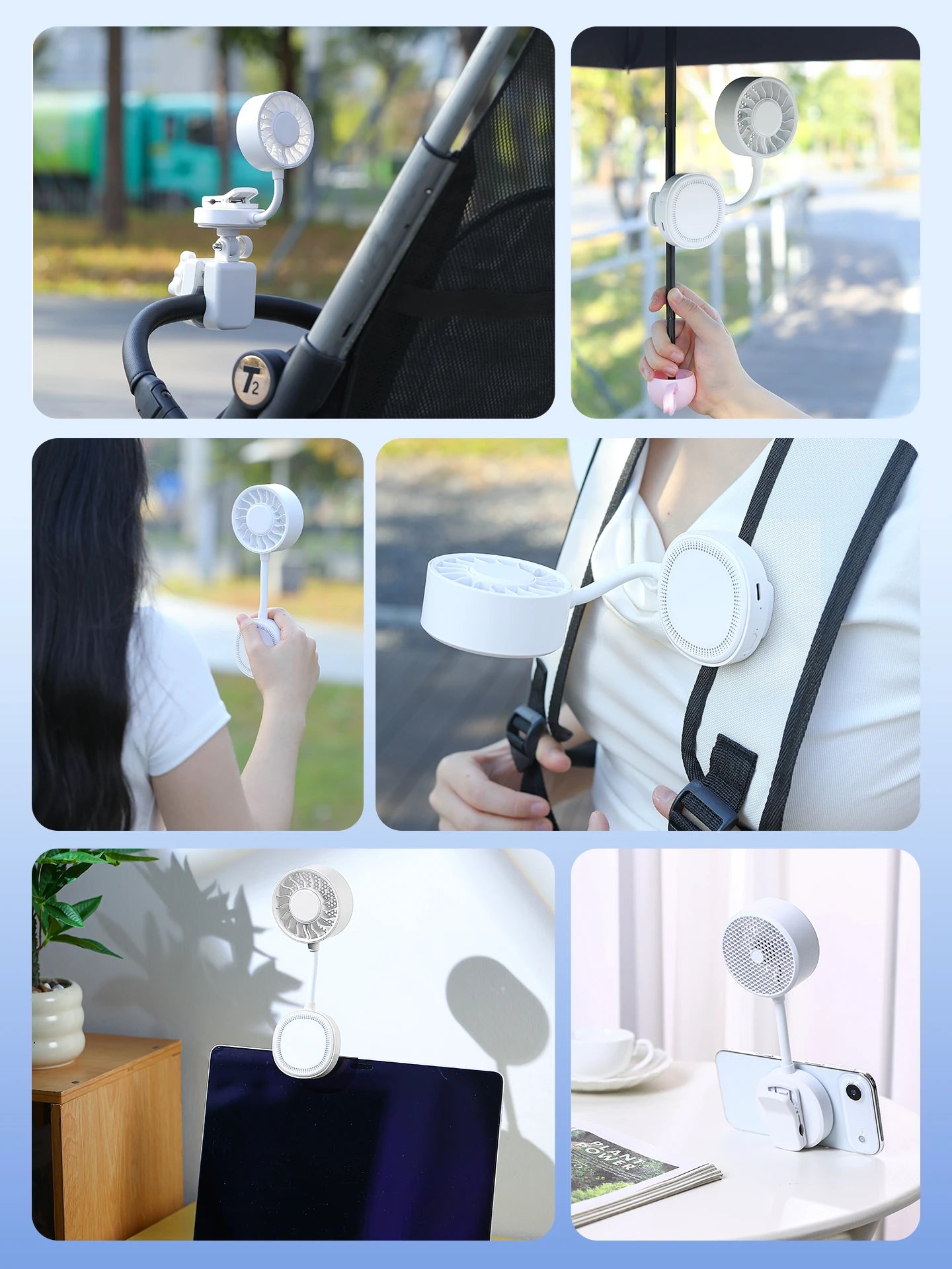 USB Clip-Ventilator mit Magnethalterung & Handyhalter – Wiederaufladbar, 1800mAh | Beige, Weiß & Grün