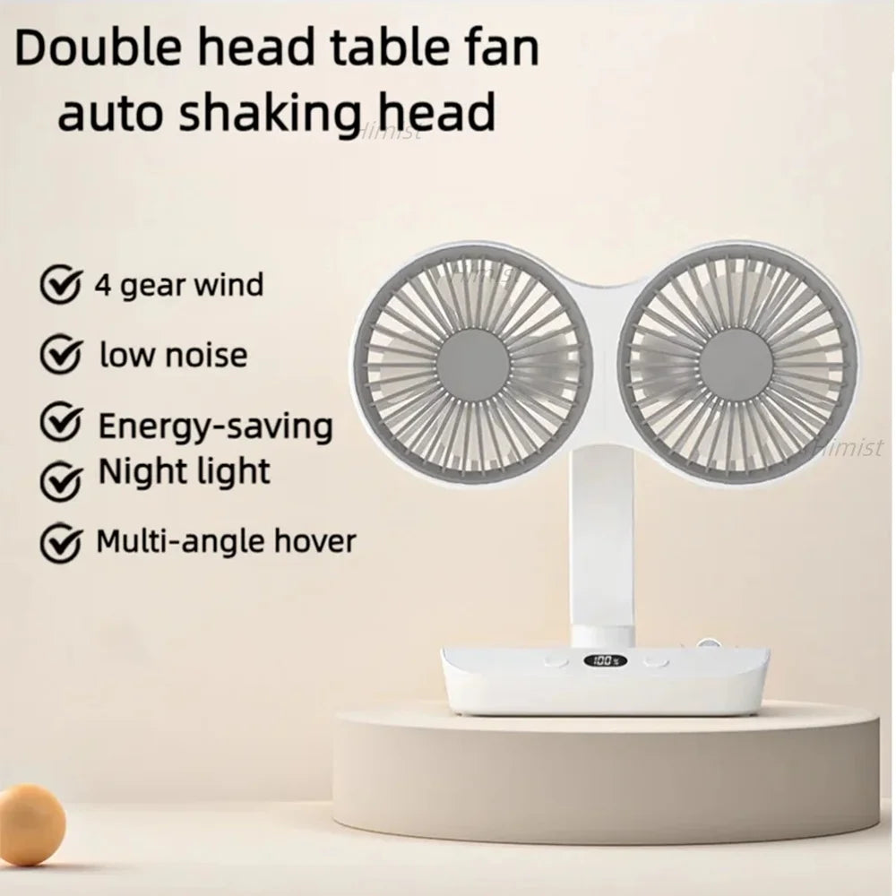 Himist Doppelkopf-Tischventilator – USB-C, 4000mAh Akku, 4 Stufen, 90° Oszillation, LED-Display, Weiß