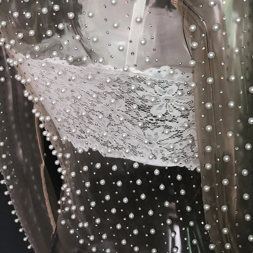 Gtpdpllt Sexy Durchsichtig T Shirt Frauen Mesh Patchwork Diamanten Perle Dünne T-Shirts Elegante Crop Tops Weibliche 2024 Frühling Kleidung