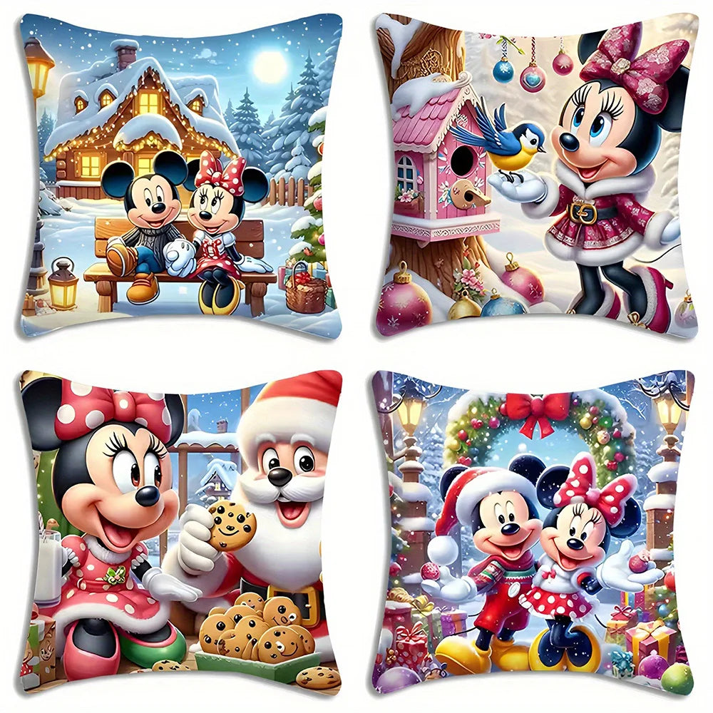 Dreiteiliger Weihnachtskissenbezug von Disney Mickey Minnie, bemalt mit glücklichen Szenen wie Schneehütte, Mickey Minnie und Weihnachtsmann