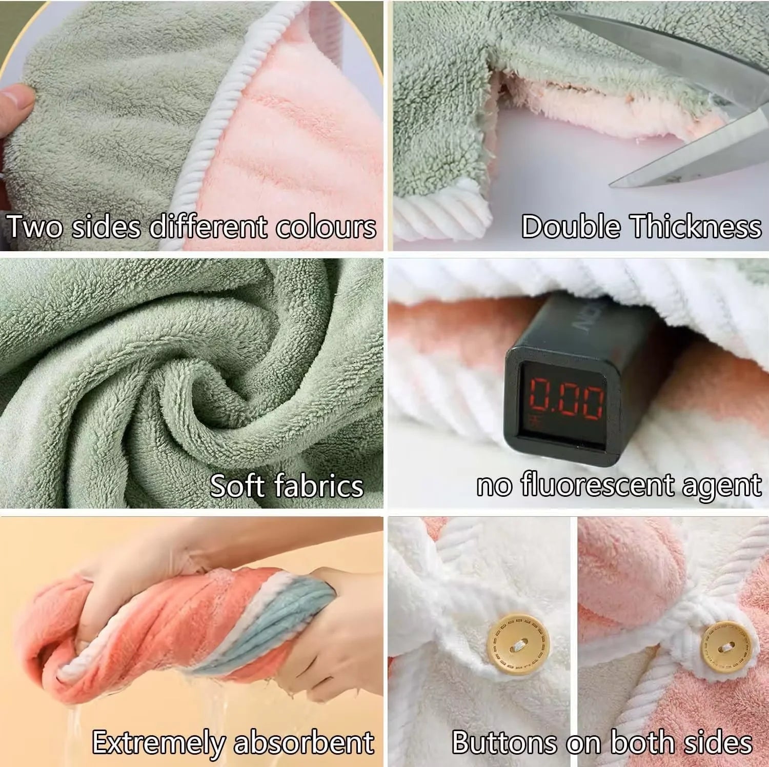 Mikrofaser Haarhandtuchwickel – Doppelt verdickt, schnelltrocknend, Rosa/Grün/Blau