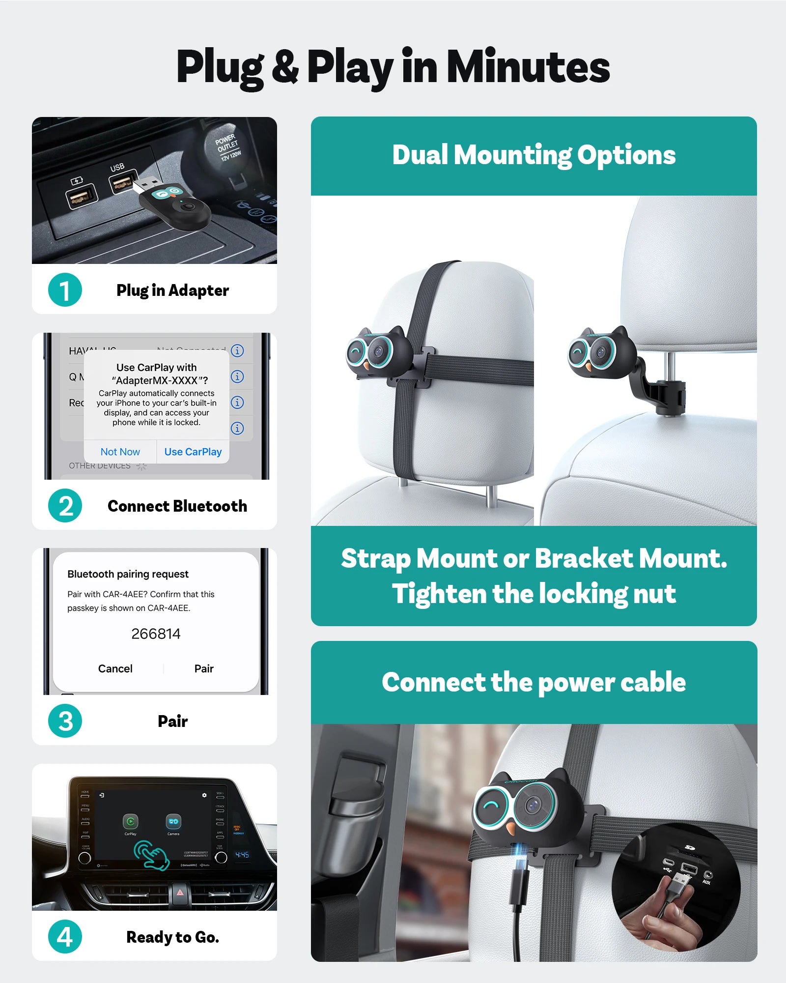 OTTOCAST Cabin Care, Drahtloser CarPlay-Adapter Babykamera 1080P HD 150°