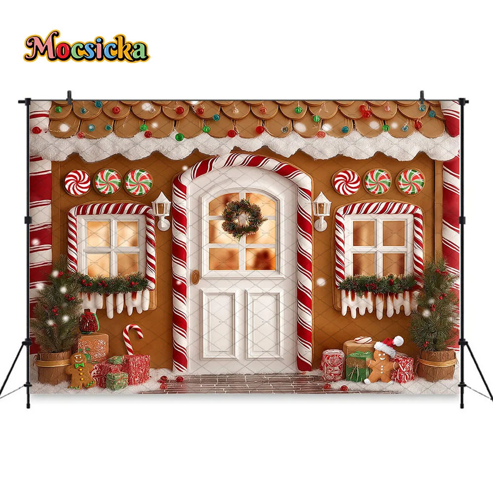 Mocsicka Weihnachten Lebkuchenhaus Fotografie Hintergrund verschneite Weihnachtsbaum Zuckerstangen Hintergrund Winter Urlaub Party Photozone