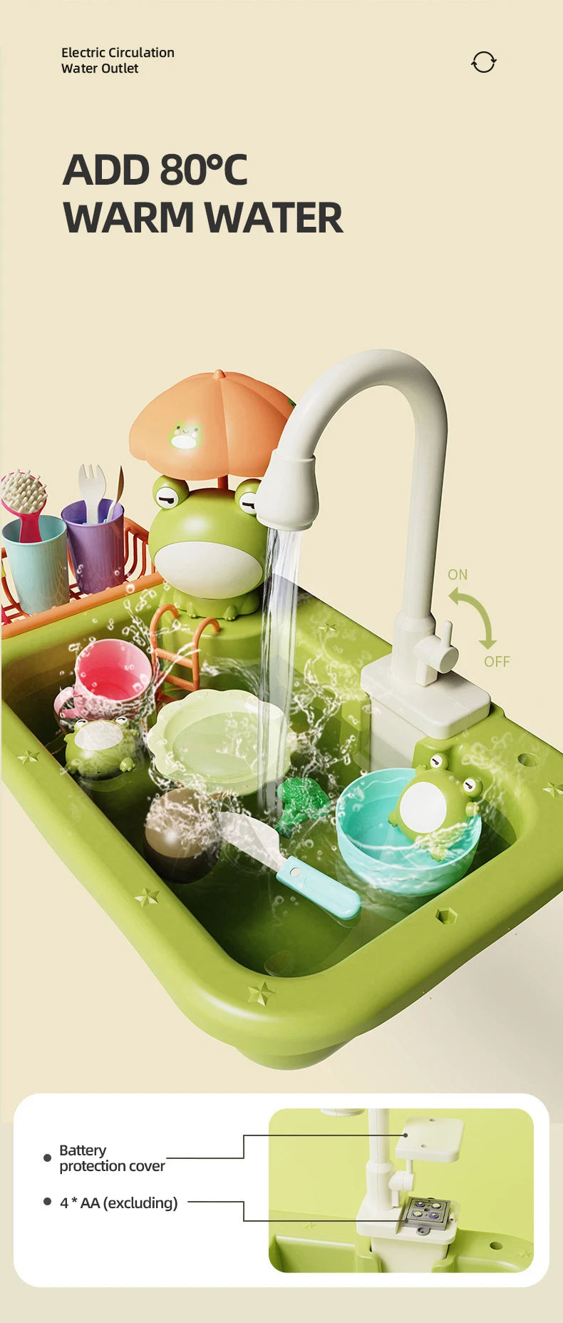 CONUSEA Kinder-Küchen-Spielset – Spülbecken mit elektrischem Wasserhahn, Zubehör, CE, ab 3 J.