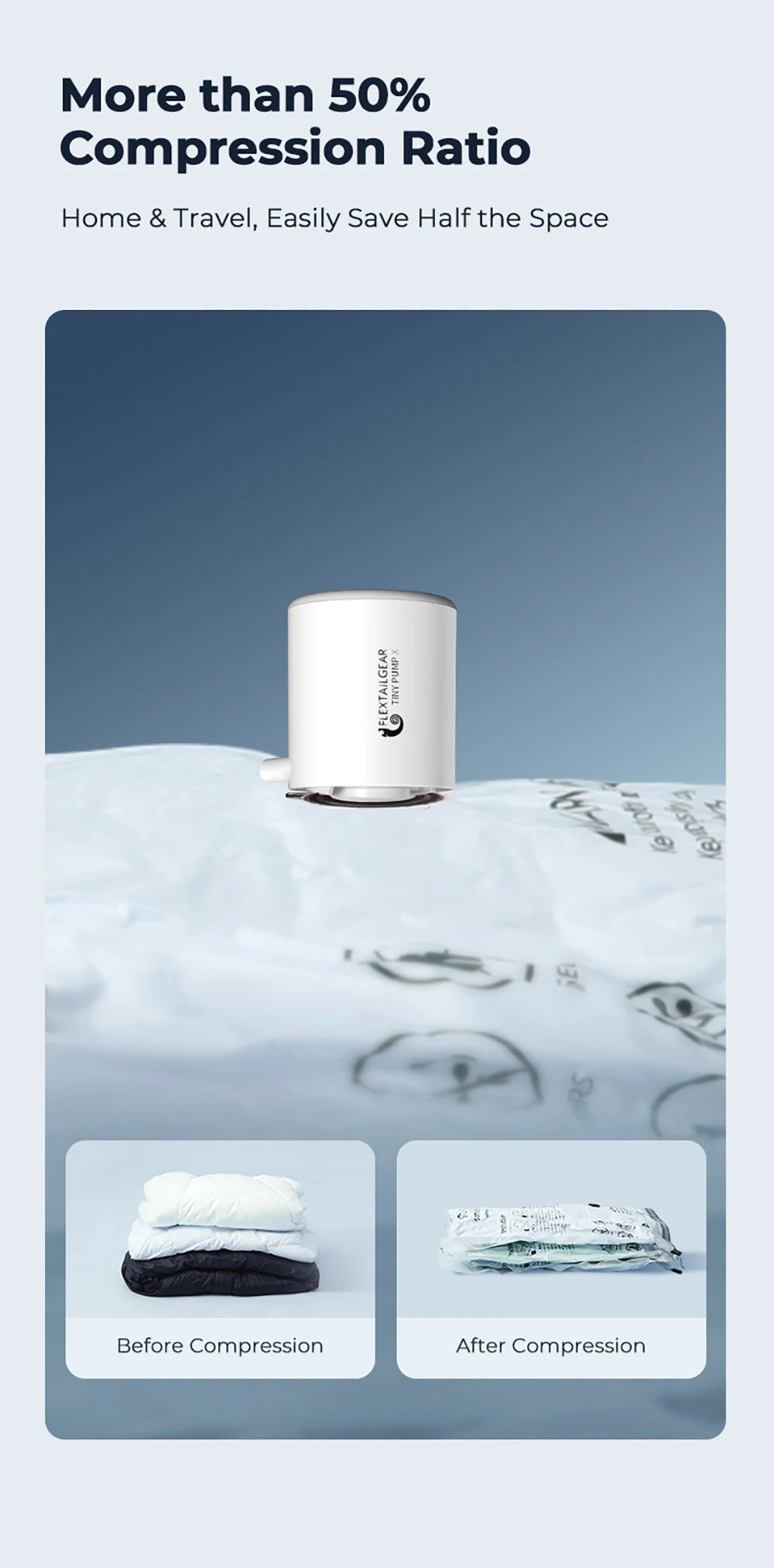 FLEXTAIL Tragbare Luftpumpe, Mini-Campingpumpe mit Licht, USB-C-Aufladung, ideal für Isomatten, Luftmatratzen, Vakuumbeutel