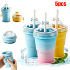 2-in-1 Faltbarer Silikon-Eiskugelbecher mit Strohhalm - Auslaufsicher, Lebensmittelecht, FCM | Kaffee, Saft & Smoothies | 1 & 5 Stueck