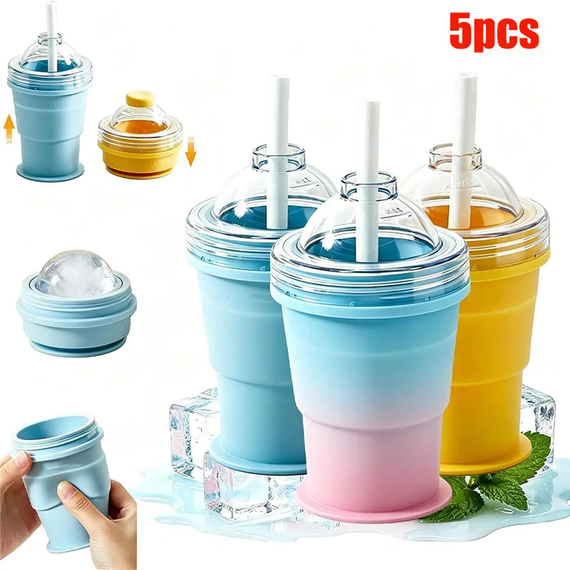 2-in-1 Faltbarer Silikon-Eiskugelbecher mit Strohhalm - Auslaufsicher, Lebensmittelecht, FCM | Kaffee, Saft & Smoothies | 1 & 5 Stueck