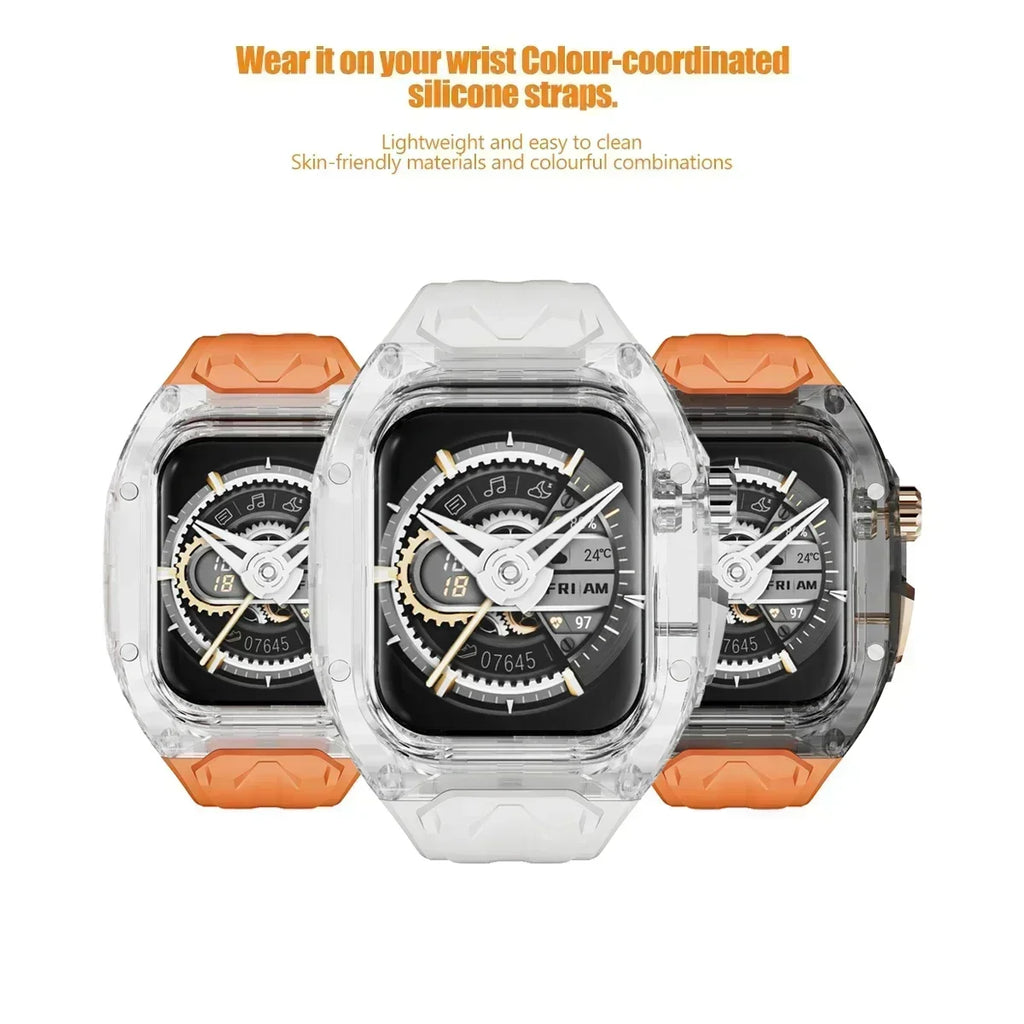 Luxuriöses Modifikations-Mod-Kit für Apple Watch Band-Gehäuse 8 7 45 mm, transparente Lünette, TPU-Armband für IWatch SE 6 5 4 44 mm