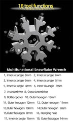 Multifunktionaler Schneeflockenschlüssel, Werkzeugstahl, achteckiger Sechskant, tragbar, 18-in-1-Mini-Universalschlüssel