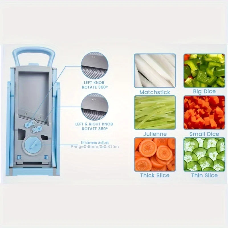 Gemüse-Hobel & Zerkleinerer 4-in-1 – Einstellbar 0,1–8mm, Julienne, Würfeln, Edelstahl, Blau