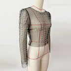 Frauen Sexy Mesh Perlen Tops Damen Mode Pailletten Blase Ärmeln Top T-Shirt Sommer Casual Pullover Tops für Weibliche 2025, Neue