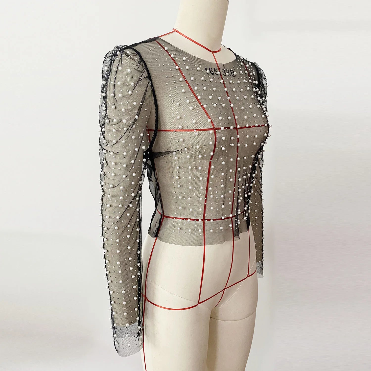 Frauen Sexy Mesh Perlen Tops Damen Mode Pailletten Blase Ärmeln Top T-Shirt Sommer Casual Pullover Tops für Weibliche 2025, Neue