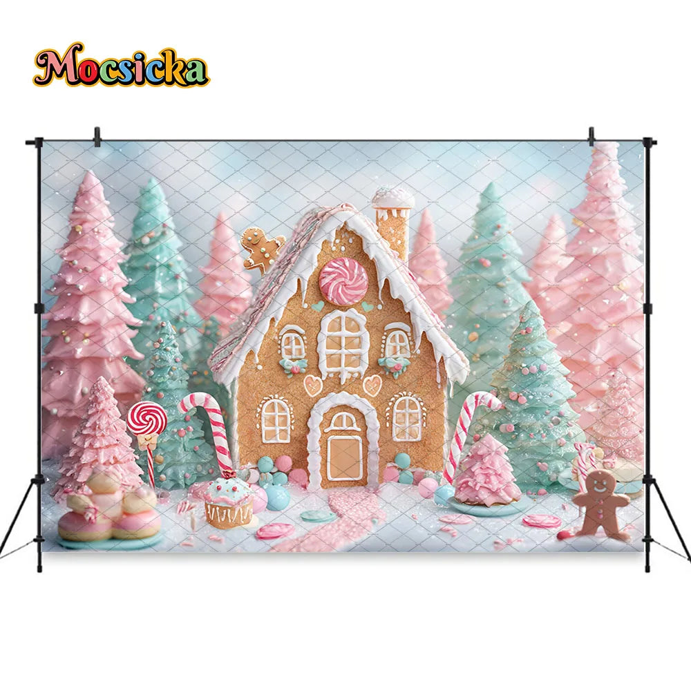 Mocsicka Weihnachten Lebkuchenhaus Fotografie Hintergrund verschneite Weihnachtsbaum Zuckerstangen Hintergrund Winter Urlaub Party Photozone