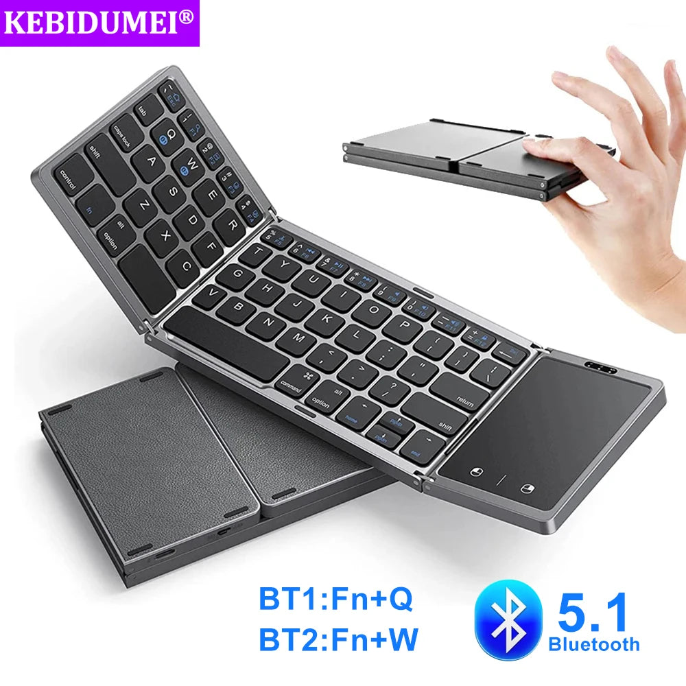 3-fach faltbare Tastatur, kabellose Mini-Tastatur, faltbare Dual-Bluetooth-Tastatur mit Touchpad für Windows, Android, iOS, iPad, Telefon
