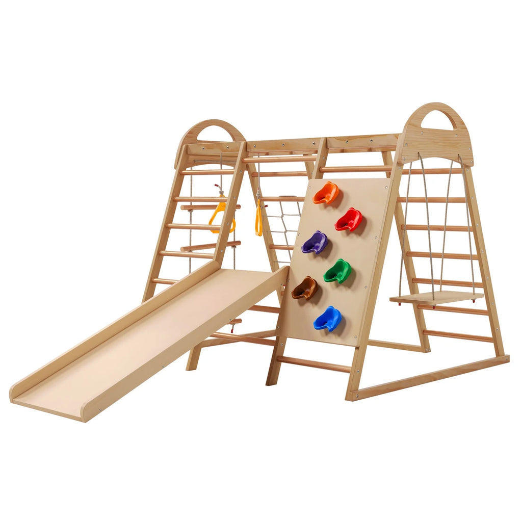 7-in-1 Multifunktionales Klettergerüst aus Holz mit Rutsche und Schaukel, Kletterleiter/Netz/Steinen, Indoor-Spielplatzspielzeug für Kinder ab 3 Jahren