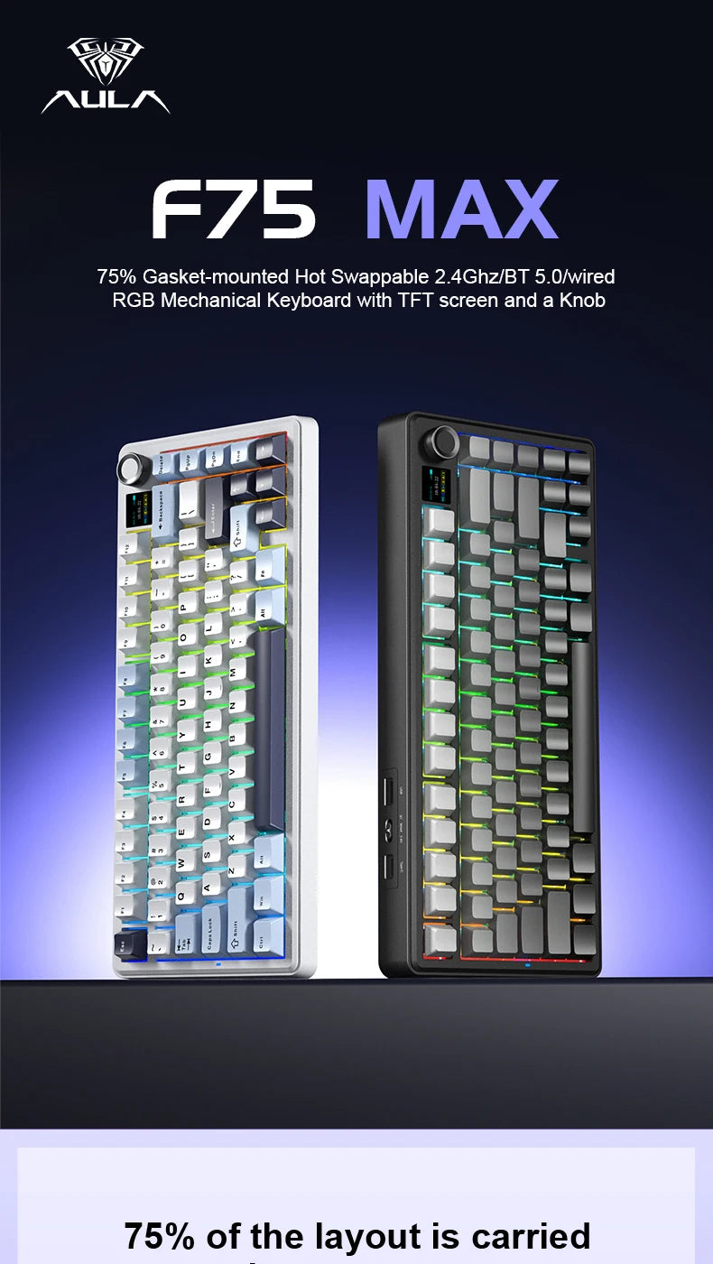 AULA F75 MAX mechanische Gaming-Tastatur, 75 % verkabelt/Bluetooth/2,4 G, Hot-Swap-RGB-E-Sport-Tastatur mit TFT-Bildschirm für PC/Mac ﻿