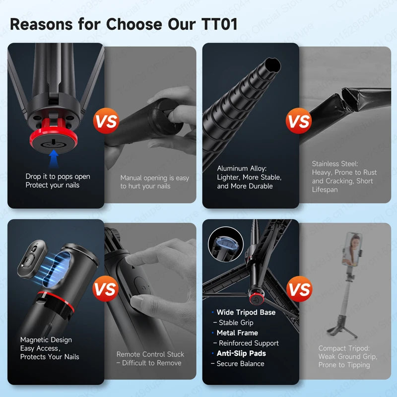 TOKQI TT01 Auto Pop-Up Selfie Stick Stativ – 1,77m, Bluetooth, Magnetfernbedienung | Smartphone