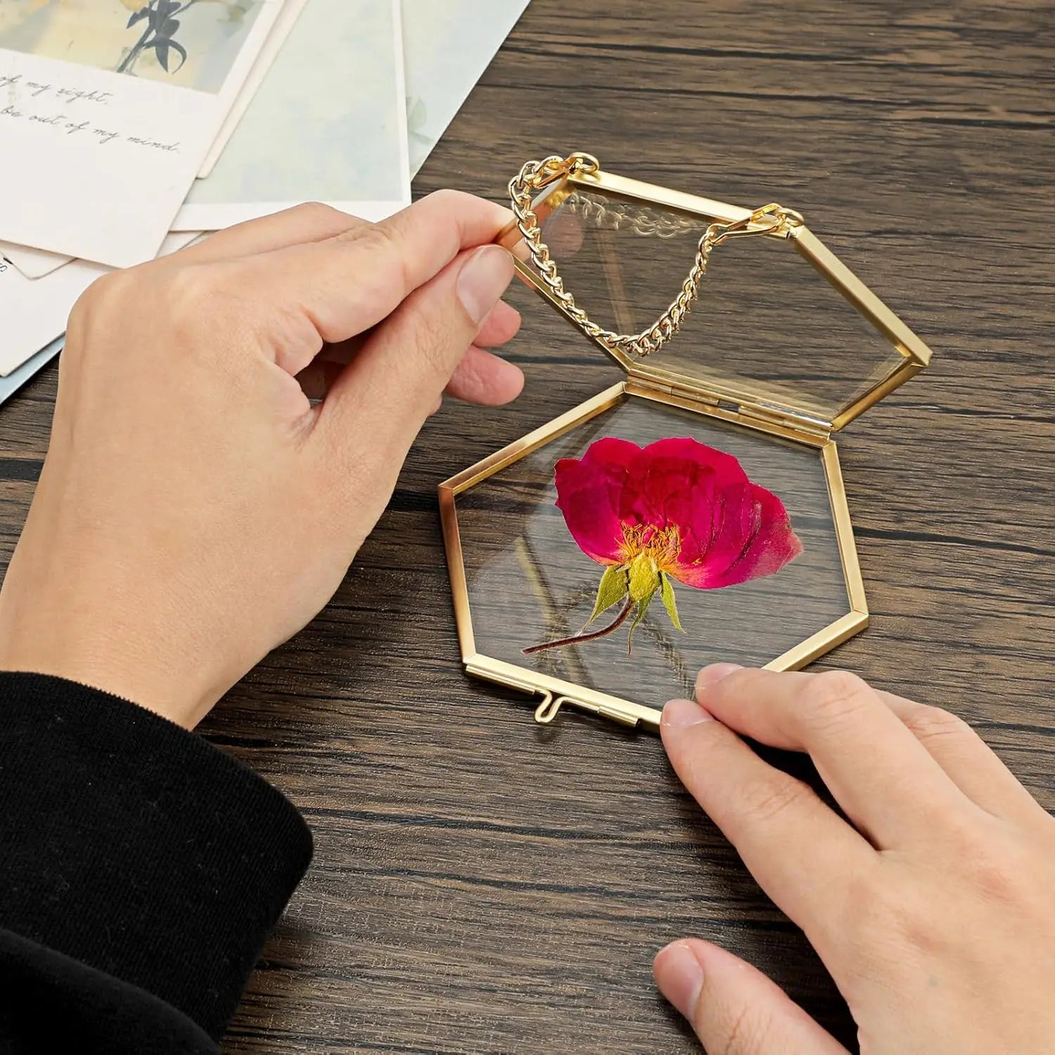 Doppelter Glas-Bilderrahmen, handgefertigt, gepresster Blumenrahmen, Wandbehang, Bilderrahmen für getrocknete Blumen, Heimwand mit Kette – nur Rahmen