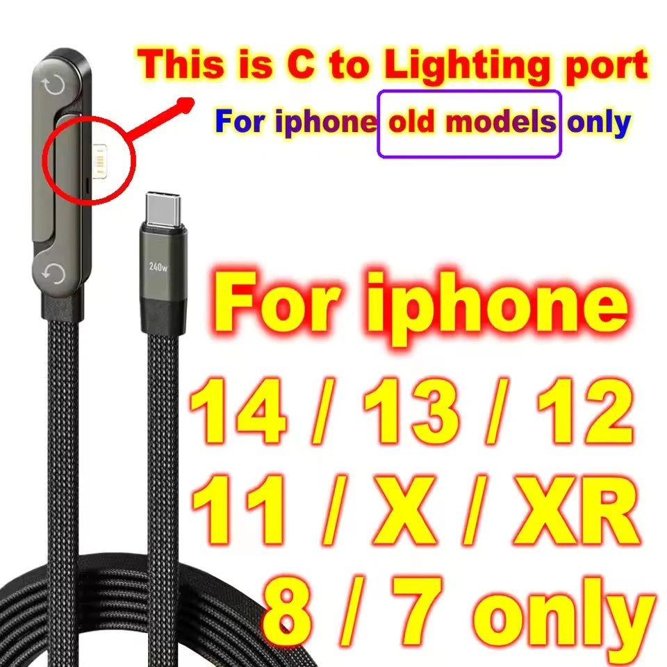 2-in-1 USB-C Ladekabel mit Faltständer – Schnellladung bis 240W, Typ-C & L-Form | 1,2m, 1,5m, 2m