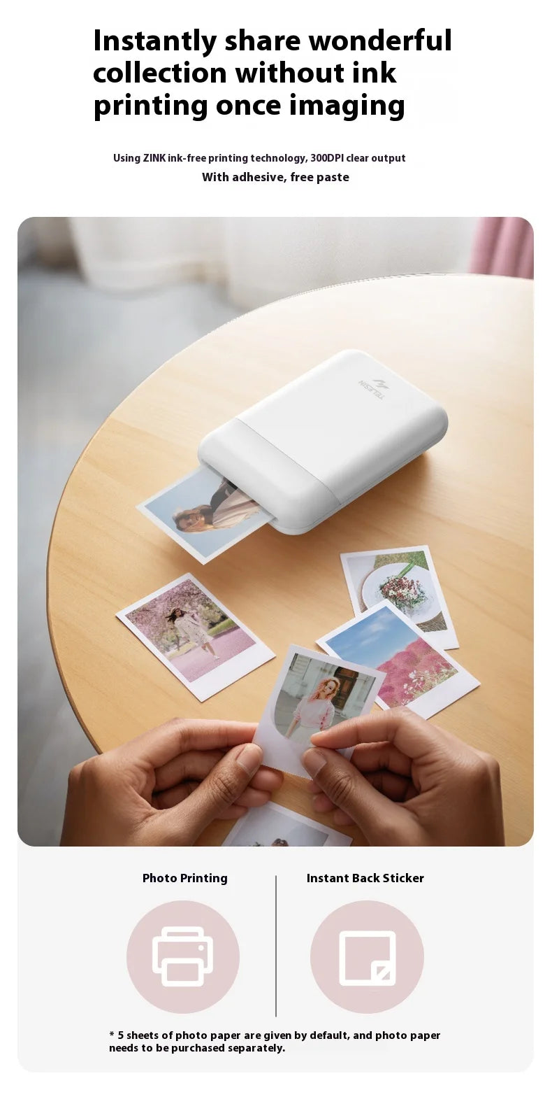 TELESIN LIENE Mini-Fotodrucker Zink, tintenfrei, 300 dpi, kabellos, Bluetooth, tragbarer Foto-Waschautomat mit APP für selbstgemachte Bilder und Geschenke