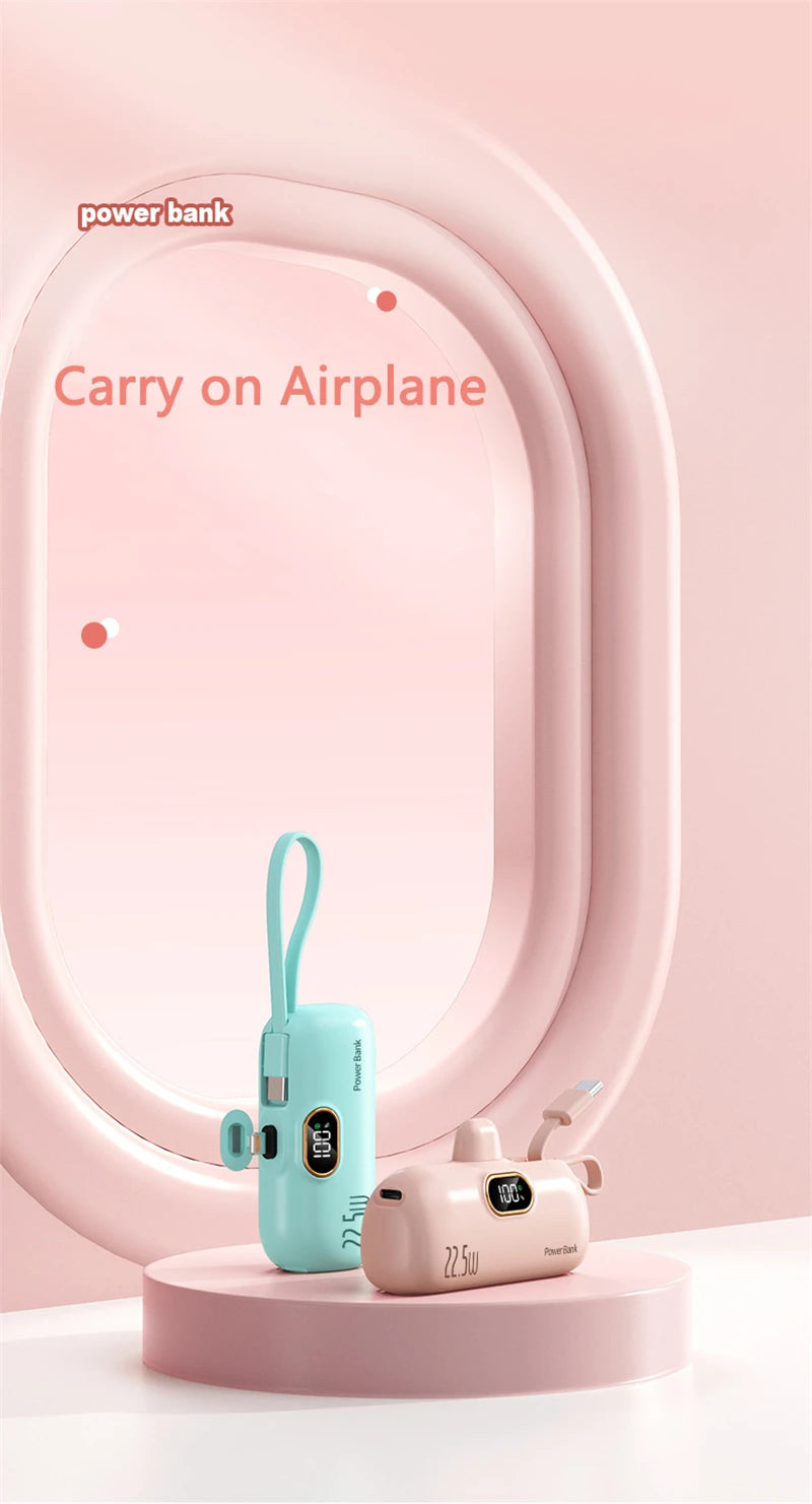 Tragbare Mini-Kapsel-Powerbank, integriertes Kabel, Typ-C-Stecker, 22,5 W, schnelles Aufladen für iPhone, Samsung, Xiaomi, externer Ersatzakku