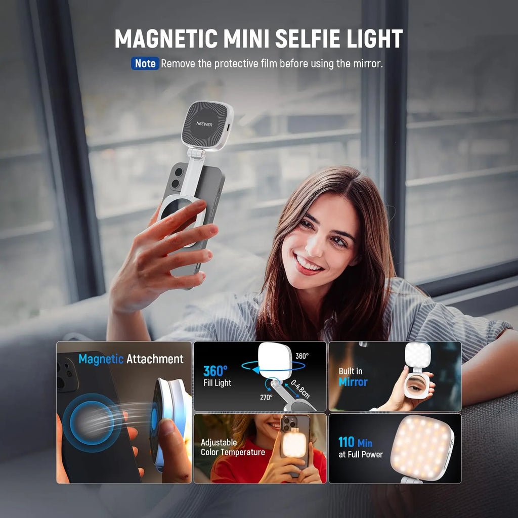 NEEWER BASICS Lumière Selfie Magnétique pour MagSafe iPhone, CRI95 700lx/0.3 Anneau d'Éclairage LED Pliable pour Téléphone avec Miroir pour Maquillage