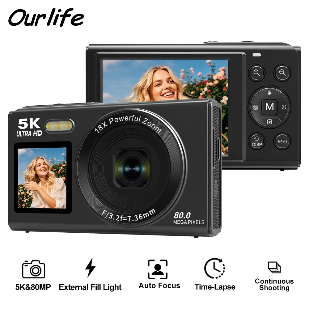 Ourlife Digitalkamera CCD Dual Screen Tragbare Digitalkamera 18X Zoom 5K Vintage Vlog Videorecorder 80MP CCD Selfie Kamera