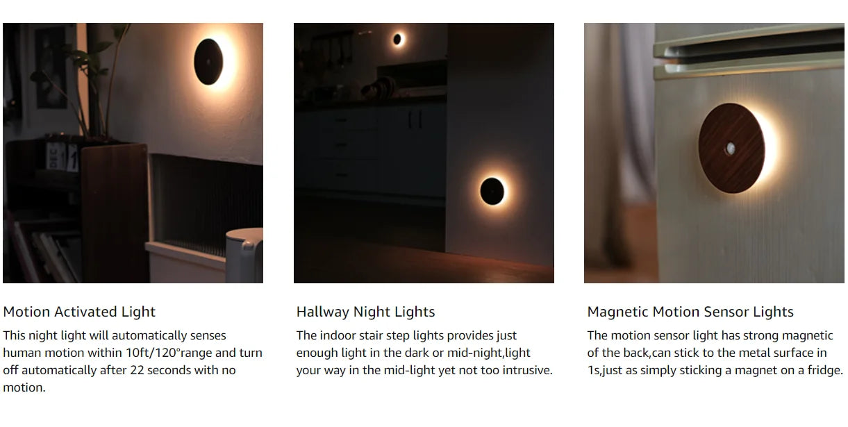 Bewegungssensor Nachtlicht aus Holz, USB wiederaufladbar, Stick-On-Stufen leuchten, magnetische Wandleuchten