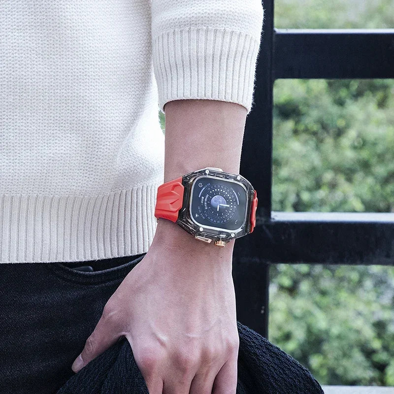 Luxuriöses Modifikations-Mod-Kit für Apple Watch Band-Gehäuse 8 7 45 mm, transparente Lünette, TPU-Armband für IWatch SE 6 5 4 44 mm