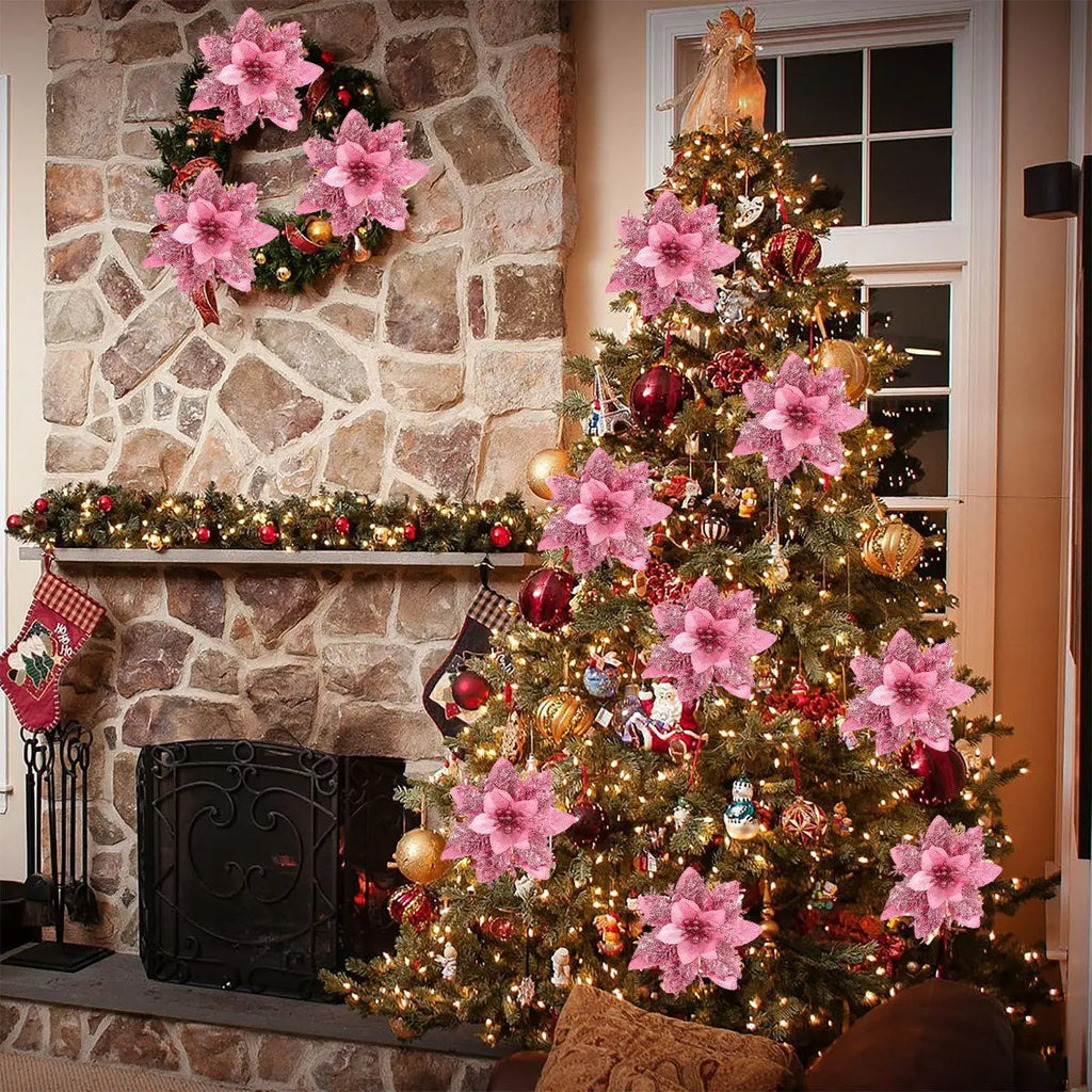5/10 Stück rosa Weihnachtsglitter künstliche Blumen Weihnachtsbaumschmuck für Zuhause 2025, Weihnachtsschmuck, Neujahrsdekoration, Navidad