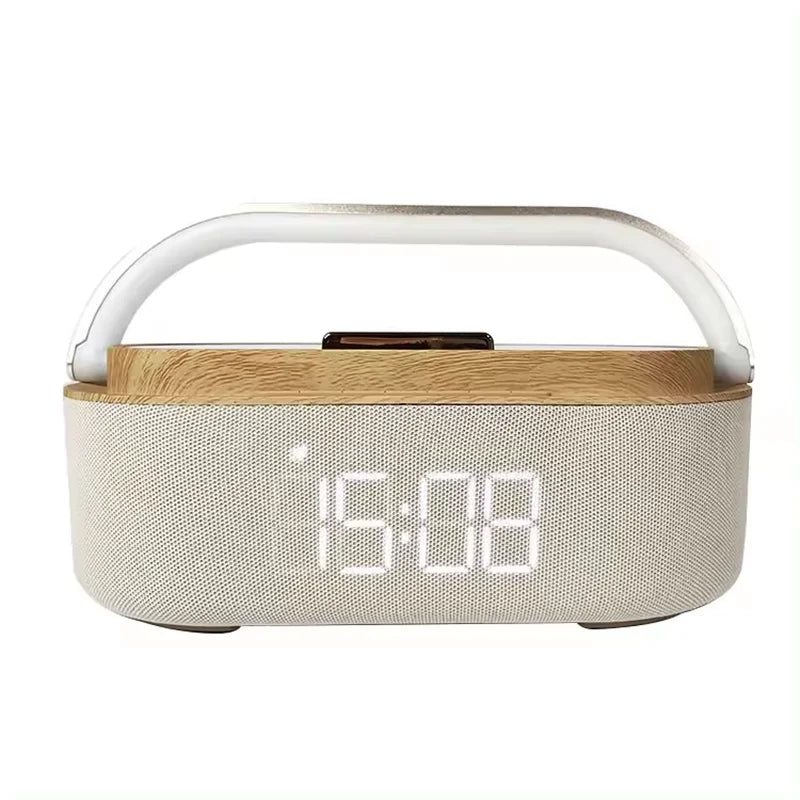 Digitales Weckerradio mit Bluetooth-Lautsprecher, 15 W kabelloses Ladegerät, zwei kabellosen Lautsprecher, einstellbarer lauter Alarmton