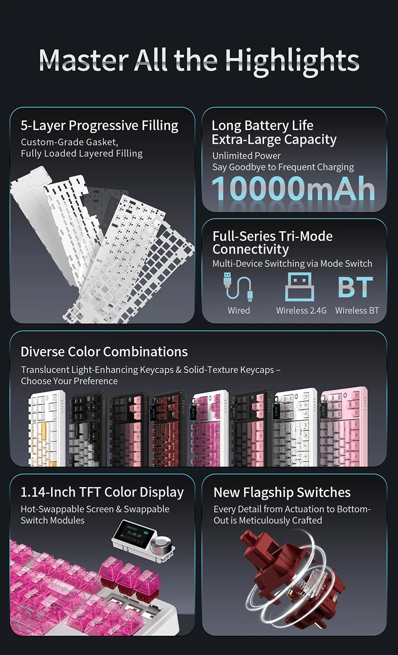 AJAZZ MK87 Drahtlose mechanische Tastatur 75 % Tri-Mode RGB PBT Tastenkappen Hot-Swap-Gaming-Tastaturdichtung 10000 mAh für Gamer PC/Mac