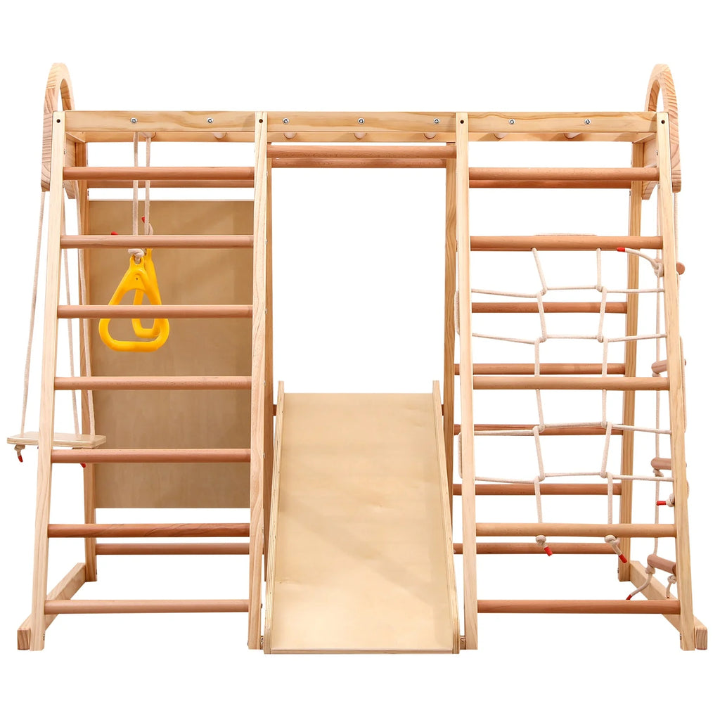 7-in-1 Multifunktionales Klettergerüst aus Holz mit Rutsche und Schaukel, Kletterleiter/Netz/Steinen, Indoor-Spielplatzspielzeug für Kinder ab 3 Jahren