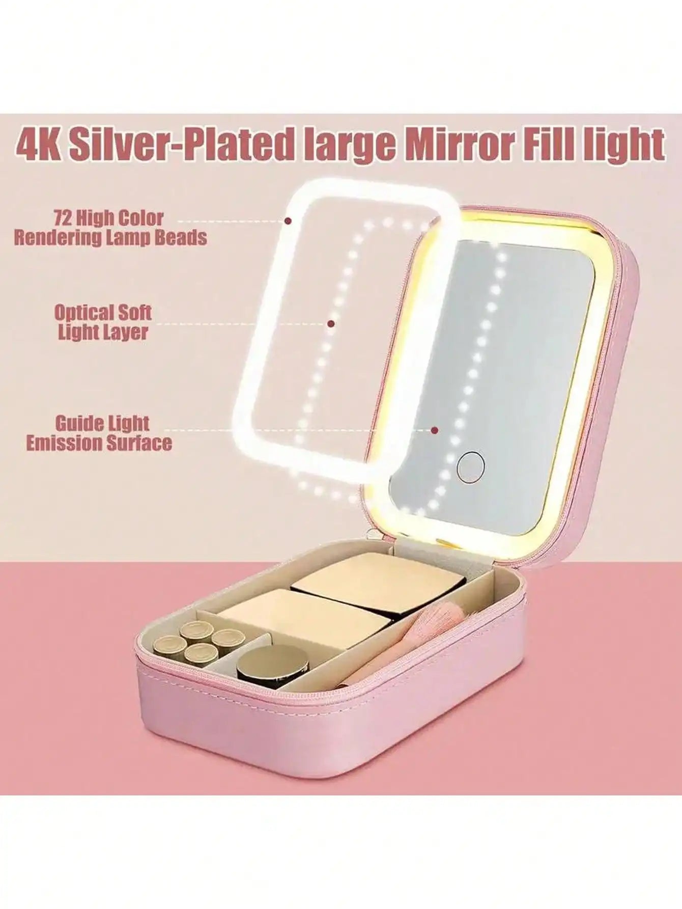 LED-beleuchtete Make-up-Tasche mit Spiegel – wiederaufladbarer Reise-Kosmetik-Organizer, verstellbare 3-Farben-Beleuchtung, Schmuckaufbewahrungskoffer